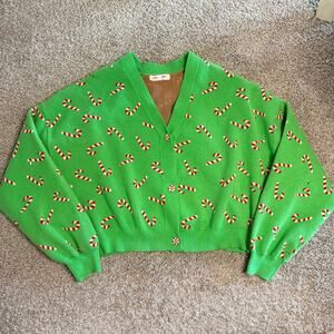 Grayson Threads Candy Cane Cardigan Sweater Green Christmas Peppermint SZ XL